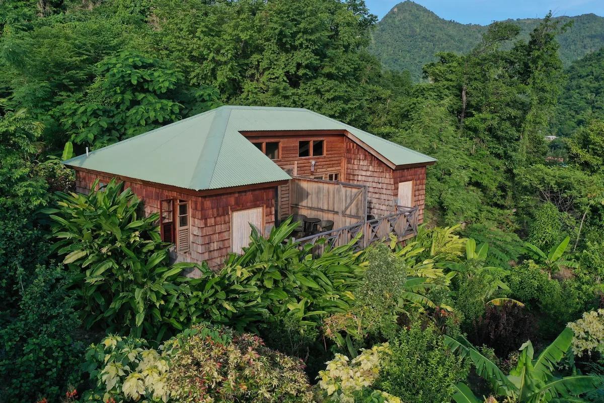 A timber cottage with a green metal roof set deep in Dominican rainforest