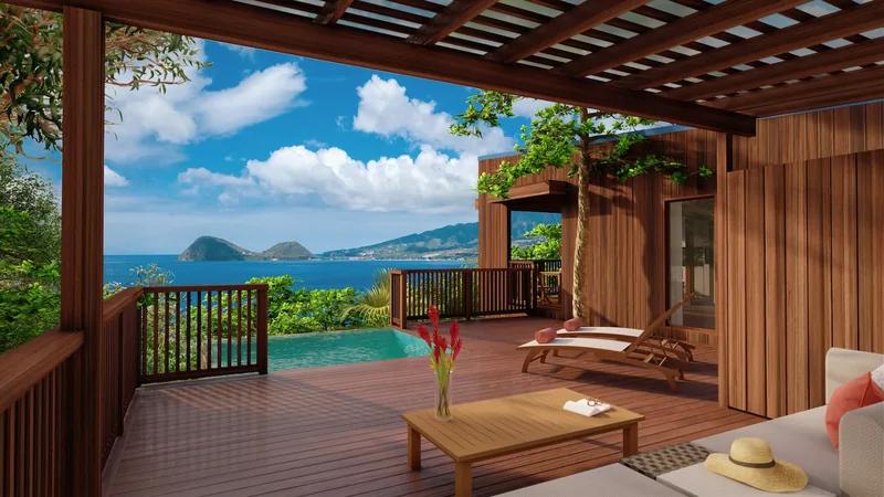 A timber deck under a pergola looking out past a plunge pool to a bay and headland