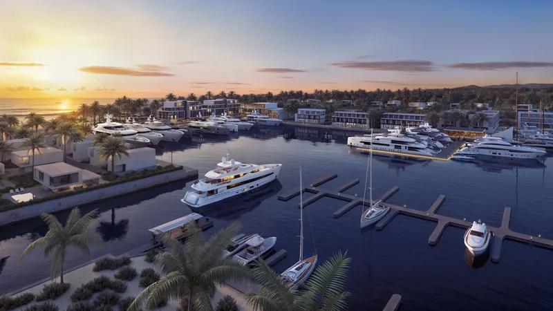 Artist’s rendering of a marina at sunset, motor yachts along the pontoons