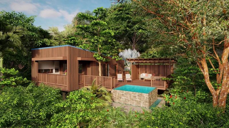 a timber cabin with a plunge pool set among rainforest trees