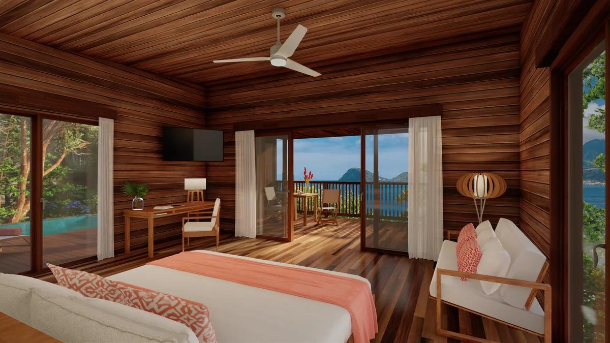 cGI render — bedroom interior, all-timber walls and ceiling, ceiling fan, bed with coral runner, sliding doors