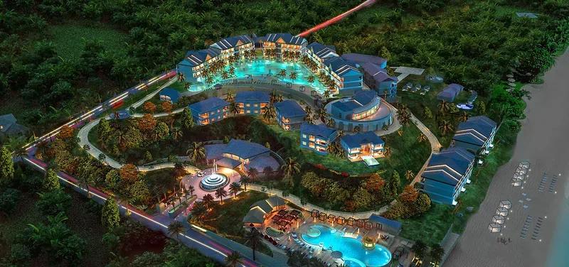 Artist’s rendering of an aerial masterplan of a resort, its lagoon pools winding between low blocks