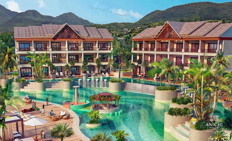 Artist’s rendering of a lagoon pool winding between ochre resort blocks below green mountains