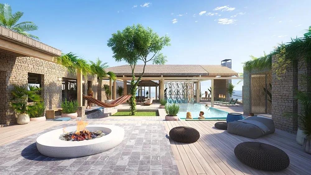 Artist’s rendering of a pool terrace with a circular fire bowl, day beds and a stone pavilion