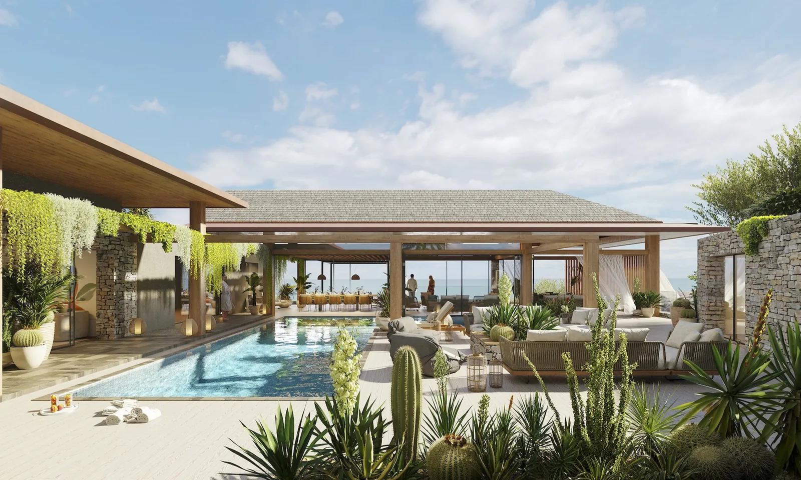 Artist’s rendering of a pool pavilion with loungers, cacti and low stone walls