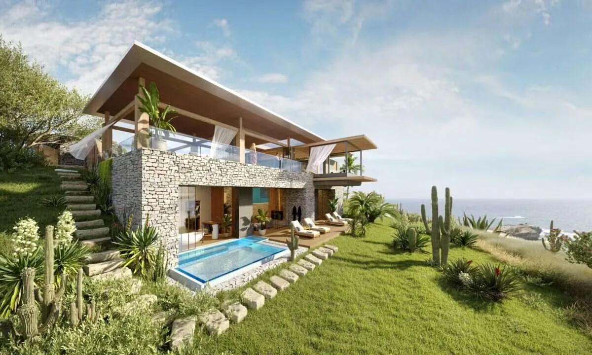 Artist’s rendering of a modern villa with a lap pool on a grassy headland above the sea