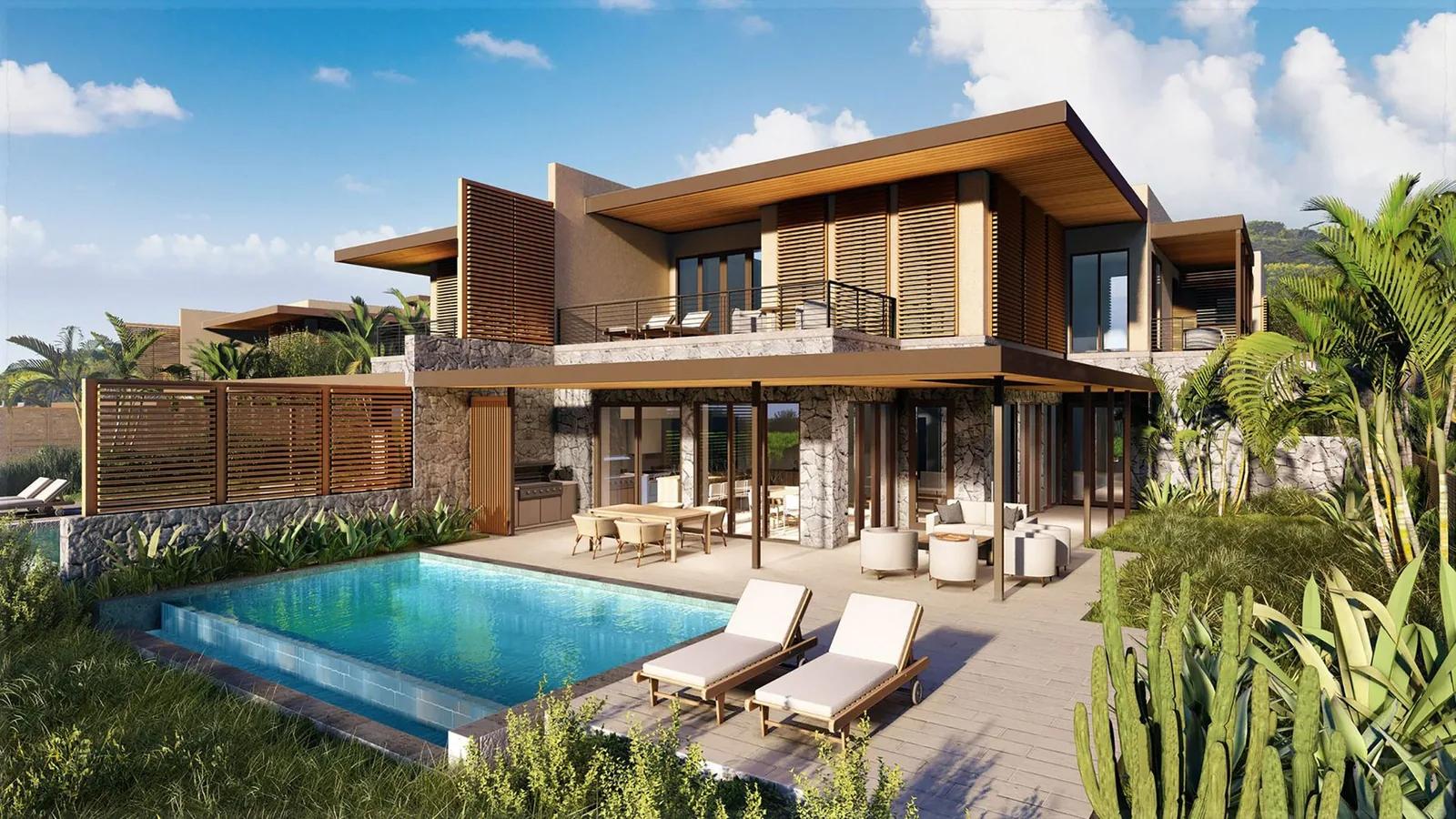 Artist’s rendering of a contemporary villa with a lap pool, loungers and a shaded terrace