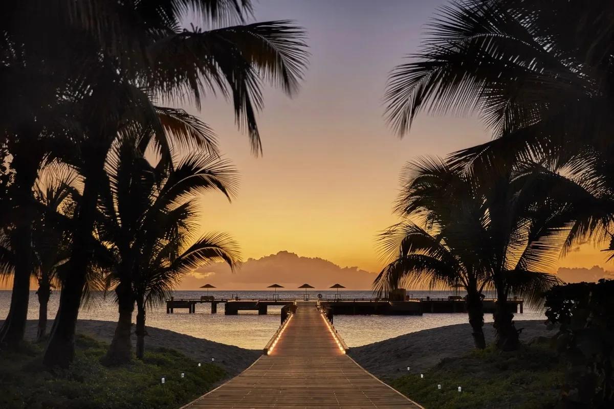 A timber jetty running out to the water at sunset, framed by palm silhouettes