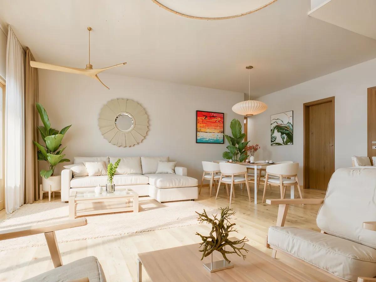 A pale living and dining room with white sofas, a round sunburst mirror and a small dining table