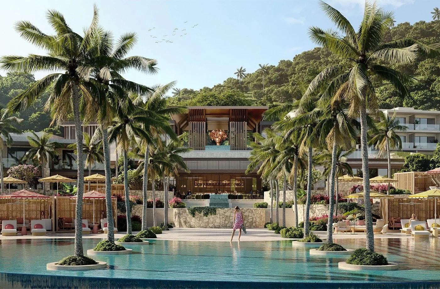 the palm-lined main pool and restaurant terrace at The Setai, Indigo Bay